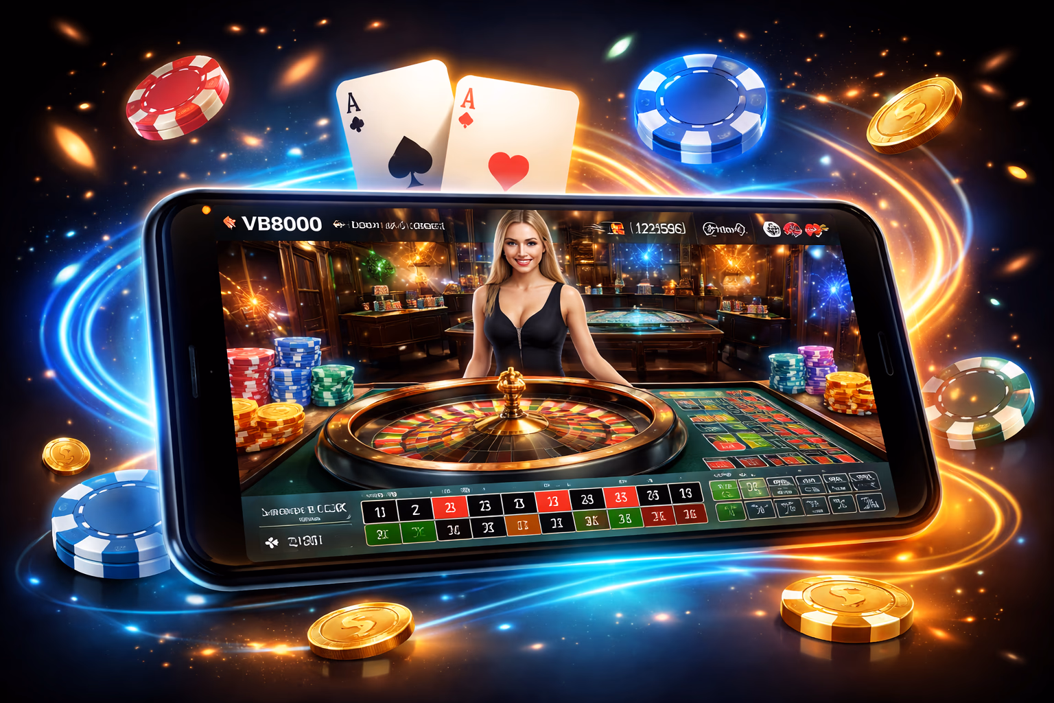 Cheerful Bangladeshi player using the vb8000 gambling app with glowing chips and playing cards behind the screen