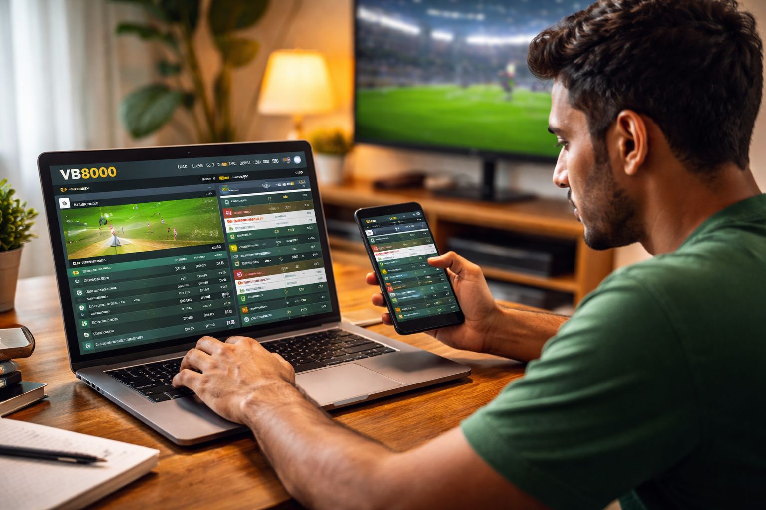 Engaged Bangladeshi bettor comparing cricket and football markets on laptop and phone using vb8000 in a bright home office