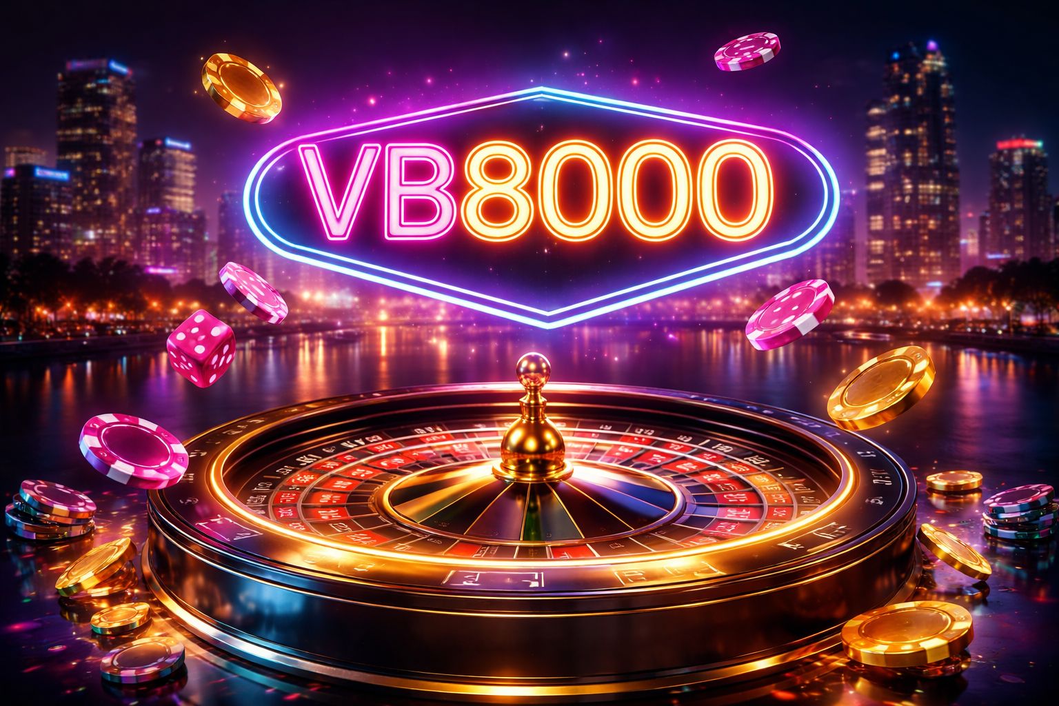 Glowing vb8000 neon signage above a modern digital roulette wheel with floating chips symbolizing premium online casino gaming in Bangladesh
