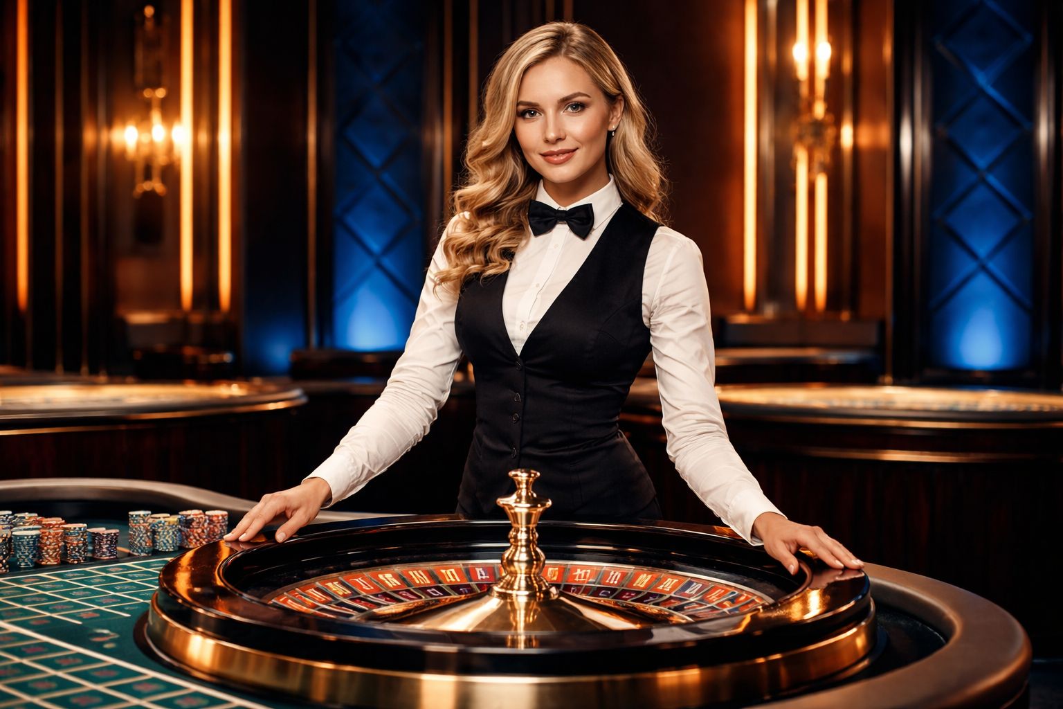 Professional croupier in formal attire smiling confidently beside a roulette wheel surrounded by elegant decor and bright studio lights showcasing the upscale vb8000 casino atmosphere in Bangladesh