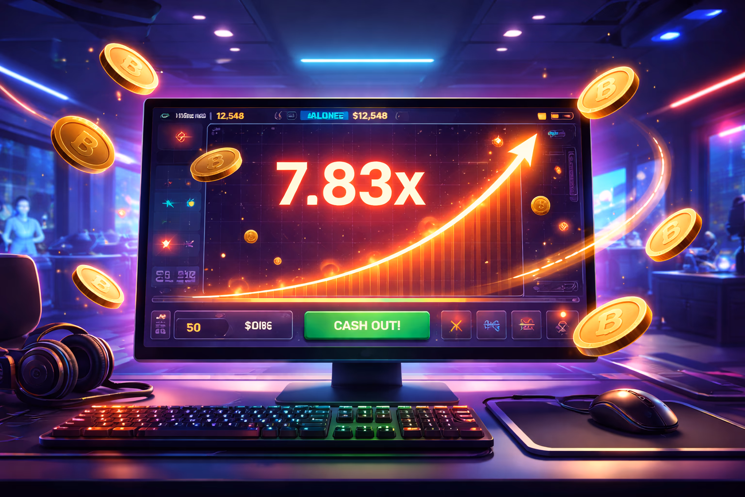 Modern computer displaying the vb8000 aviator crash game with glowing multiplier graph and colourful chips arranged nearby