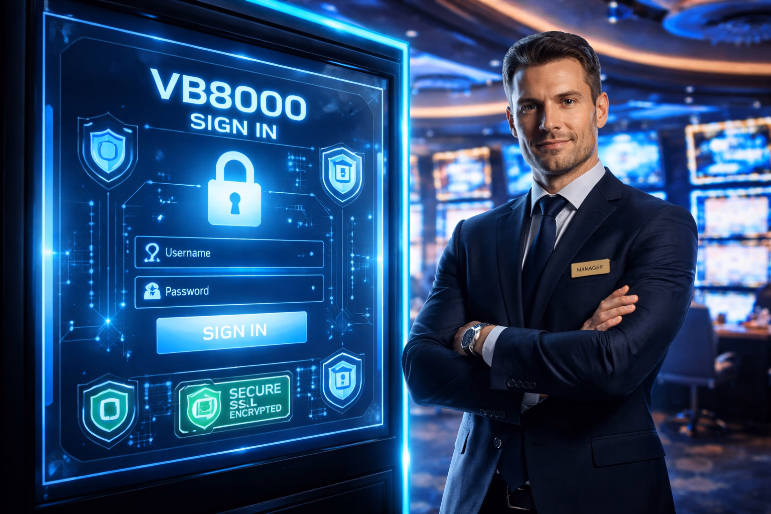 Confident casino floor manager gesturing toward glowing screens showing the vb8000 secure login interface